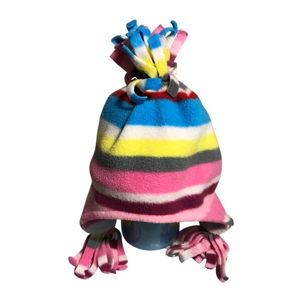Childrens Place Fleece Baby Hat 0-3M Pink/Blue Stripes Knit Warm Beanie Tassels